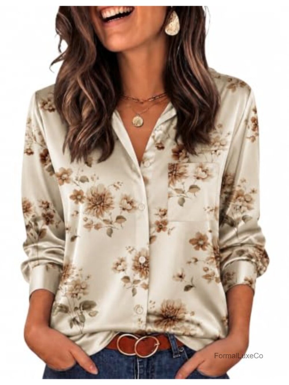 Zeagoo Womens Satin Button Down Blouse Long Sleeve Dressy Casual Top